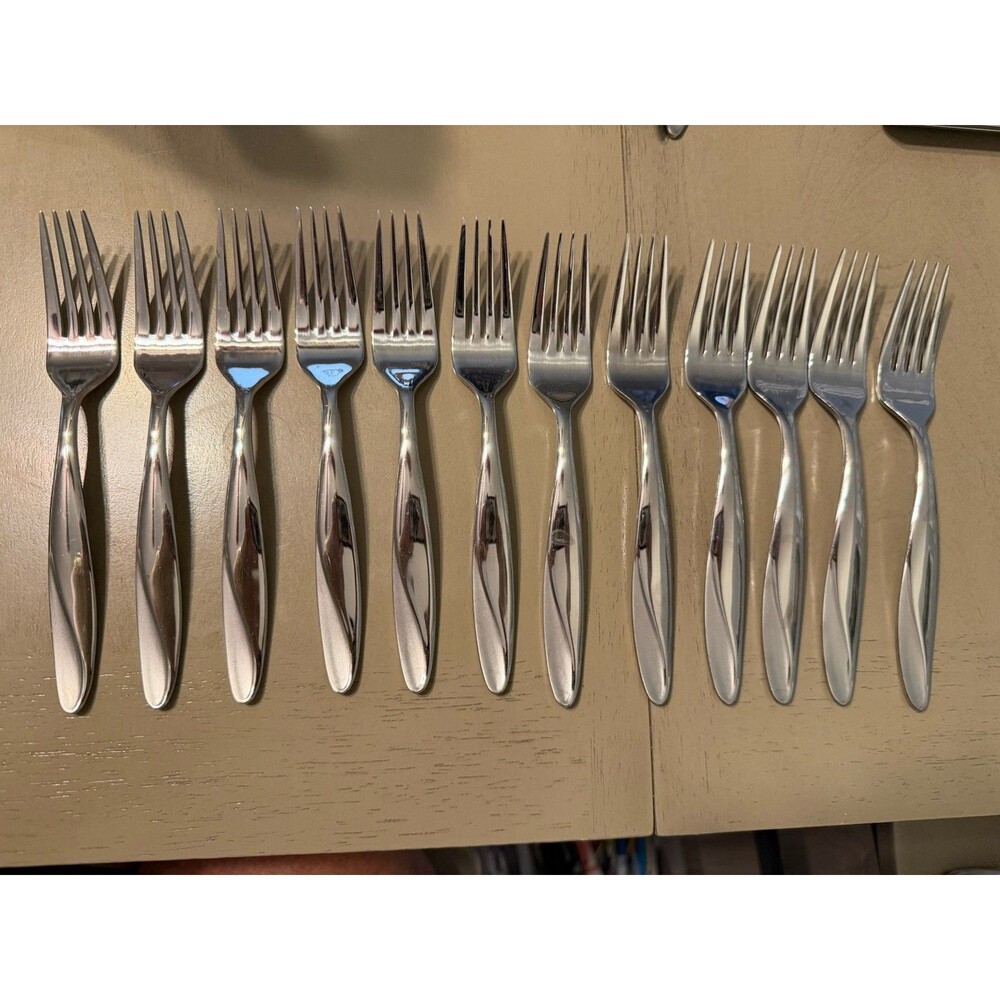 Oneida Set Of 12 SIMMER Stainless Glossy Frosted Swirl Dinner Forks 8"